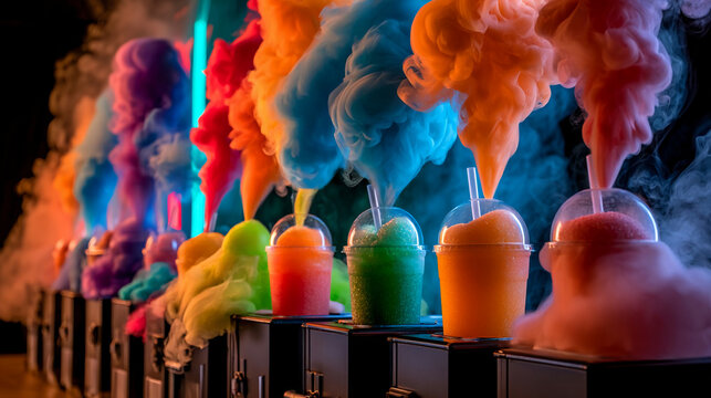 Colorful drinks create smoke in a display at a festival in the evening