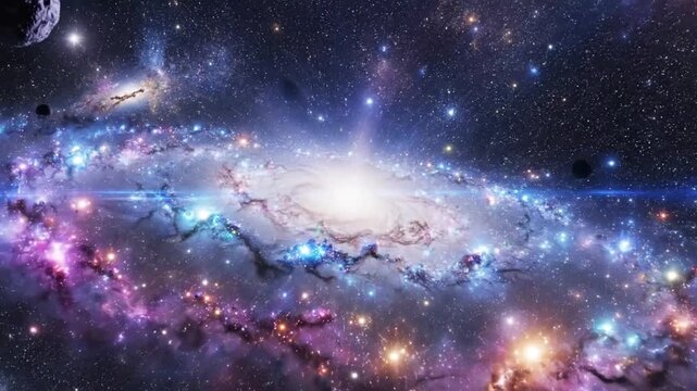 Vibrant spiral galaxy with cosmic light and floating asteroids in deep space.