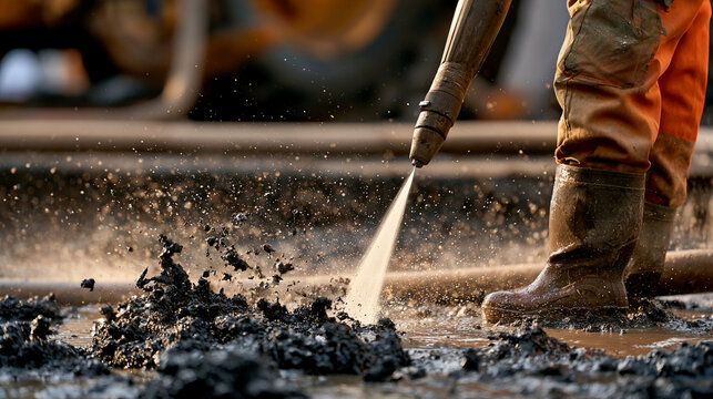 Worker uses a high-pressure water jet to clean muddy ground at a construction site during the day