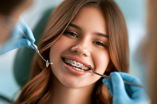 Girl at dental clinic gets braces adjusted during appointment with dentist