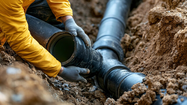 Workers install a new pipe during a construction project in a trench on a cool day