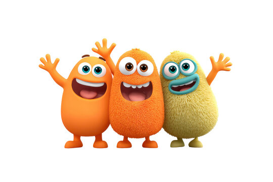 Three joyful monstrous friends embracing friendship isolated on transparent background. Three cheerful cartoon monsters with big eyes and raised arms isolated on white background.