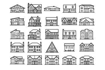 Obraz premium Collection of architectural house drawing designs, presenting a variety of home styles and building designs in a graphic illustration format, highlighting exterior elements.
