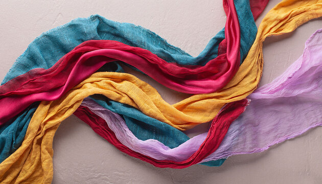 Vibrant colorful scarves flow gracefully in elegant waves across a textured neutral surface, evoking creativity, warmth, and artistic beauty. Flat lay composition with nobody.