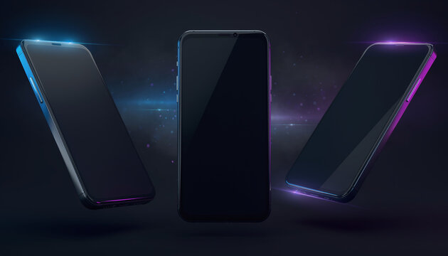 Sleek smartphone mockups float in a dark futuristic space lit by neon blue and purple glowing flares. With nobody around, this hightech display template evokes innovation and style.