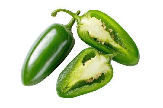 Fresh jalapeno pepper one whole and two halved isolated on transparent background. Fresh green jalapeno pepper whole and sliced showing seeds isolated on white background.