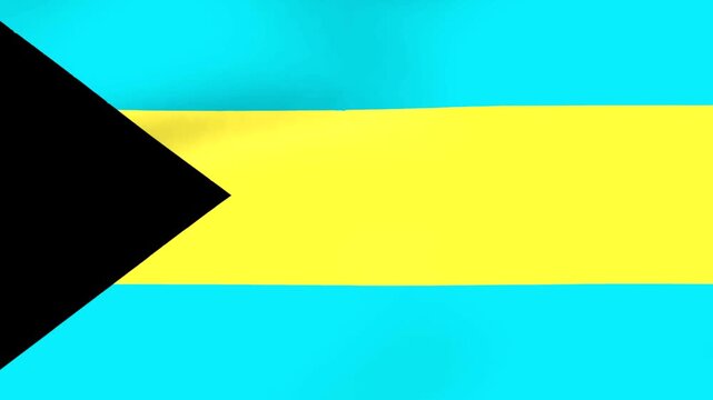 Waving flag of the Bahamas featuring blue yellow and black colors with a triangle design