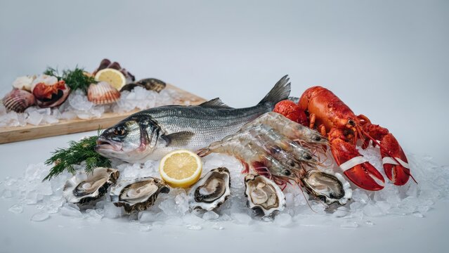 Seafood display with fish lobster oysters on ice