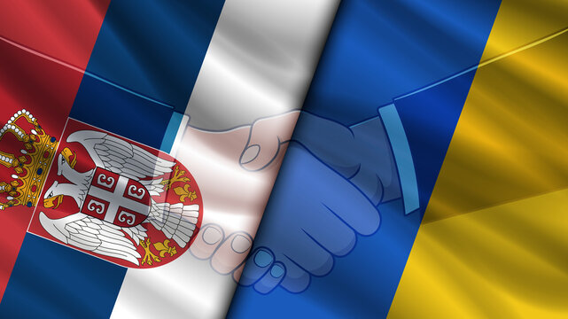 Wavy national flags of Republic of Serbia and Ukraine. Illustration. Friendly relations between countries. Political economic banner. Handshake, deal. Belgrade and Kyiv. Kiev