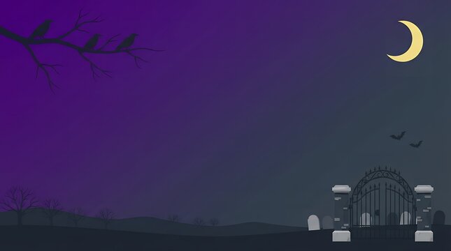 Spooky Graveyard at Night with Crescent Moon Illustration