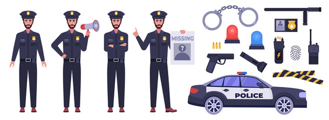 Police Officer and Equipment Set with Patrol Car © Maria Bobrova