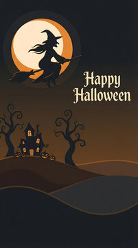 Witch Flying on Broomstick in Front of Full Moon Illustration