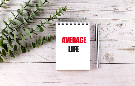Average life concept with notebook, pen and green leaves on white wooden background, representing lifespan, longevity
