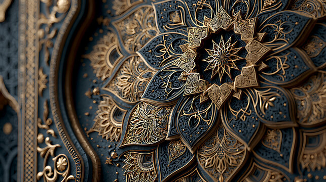 Intricate arabic floral ornament displays detailed gold and dark blue patterning