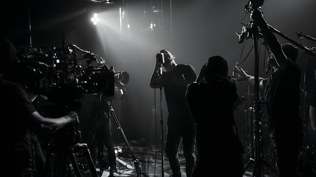 Behind the Scenes of a Music Video Production. Monochrome image featuring a music video shoot, featuring a male artist performing with a microphone and crew members operating cameras and lighting.