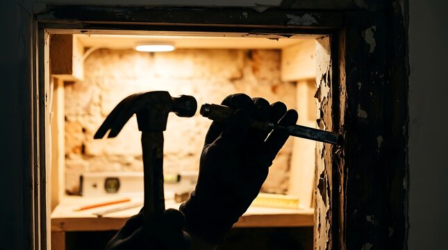 Carpenter using hammer and chisel on wooden door frame