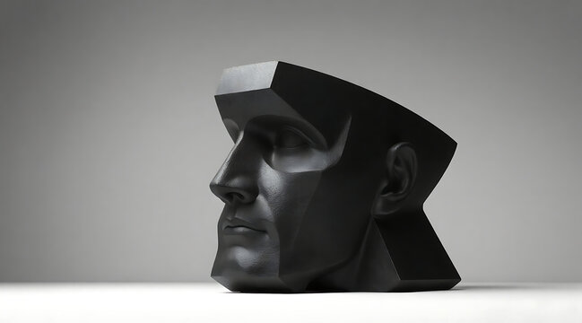 Black sculpture head sculpture abstract art geometric form surreal art modern art profile view faceted surface iconic sculpture black statue