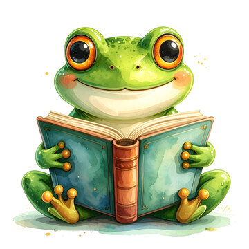 Green frog cartoon character reading large storybook conveying happy calm gentle cute kawaii mood generative AI