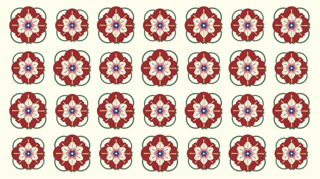 4k footage animation of Floral Pattern Motion Graphic featuring Traditional Flower Ornaments and Color Transitions, Seamless Loop Background Retro Floral Tile Pattern Animated Motion Background Loop