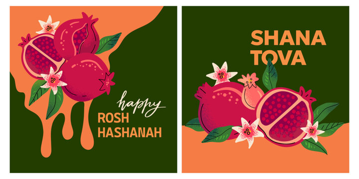 Set of two colorful Rosh Hashanah greeting posters featuring pomegranates, flowers and leaves with Shana Tova and Jewish New Year messages in a modern decorative illustration style