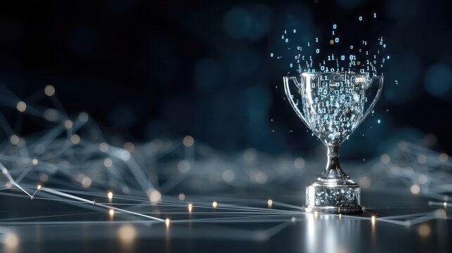 Vibrant digital trophy made of blue binary digits shines on dark blue background with glowing network of lines and dots suggesting technology and achievement