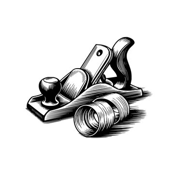Vintage woodworking hand plane with curled wood shavings in black and white engraving style
