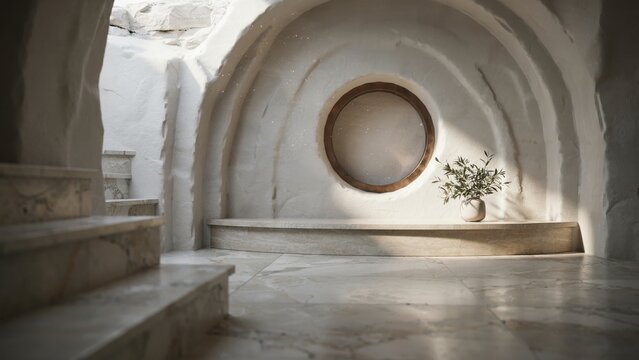 White stone room with arched alcove and circular opening