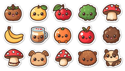 Fototapeta premium Adorable Kawaii Nature Sticker Set with Cute Fruits, Mushrooms and Animals