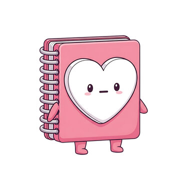 Cute pink spiral notebook with a heart face character isolated on transparent background