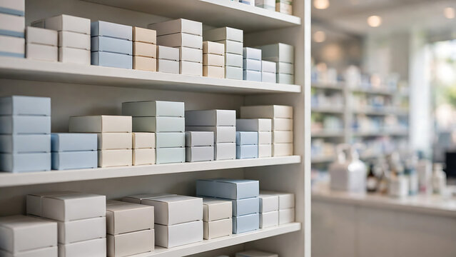 Organized pharmacy shelves with plain unbranded medicine boxes in white and blue clinical setting