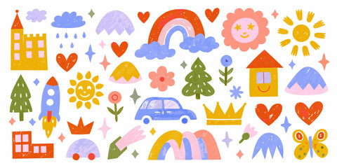 Fototapeta premium Colorful hand drawn school and nature elements form a playful silhouette