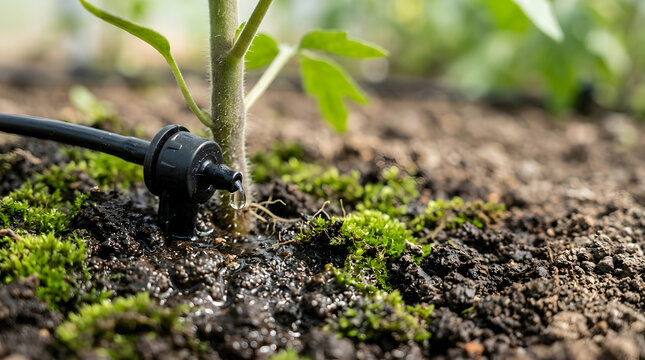 Close up of a drip irrigation emitter releasing a water drop onto wet soil. Watering a young green seedling in a greenhouse. Efficient agricultural hydration system