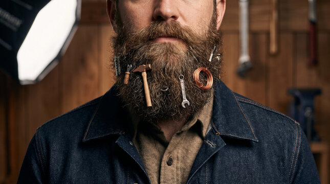 Man with a decorated beard holding tools in a workshop environment  