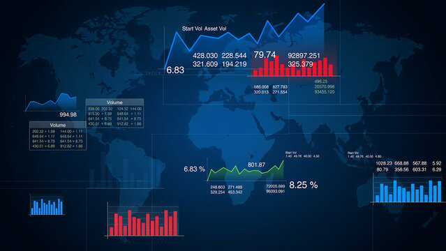 Digital world map with global financial charts and data overlays stock data digital interface global business technology analysis investment information abstract background statistics