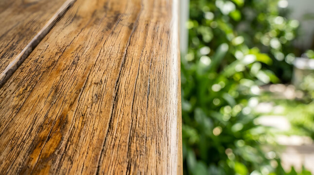 Close up of weathered teak wood texture on an outdoor table edge. Natural wooden surface with blurred garden background