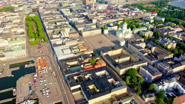 Helsinki, Finland. Helsinki Cathedral and Senate Square, neoclassical white facade and green domes, Drone footage over the historic city center. Drone footage, Point of interest