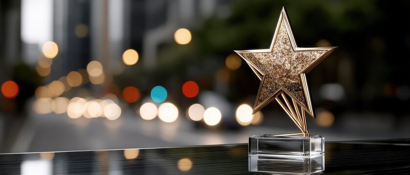Golden trophy stands on a reflective surface with bokeh lights in the background, highlighting the star's intricate details and luxurious appeal