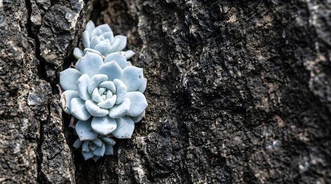 Close-up of a pale blue rosette succulent growing in a dark rock crevice. Macro view of alpine rockery plant texture