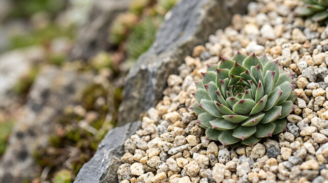 Close-up of a green Sempervivum succulent planted in light gravel. Macro view of rosette plant in an alpine rockery