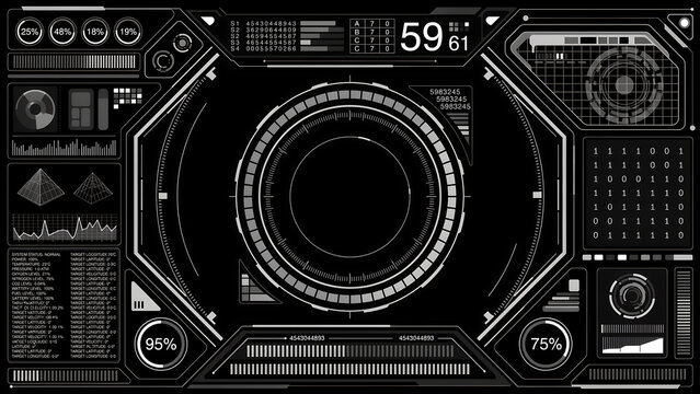 Advanced digital hud with central orb gauges world map element control panel science fiction user interface technology futuristic dashboard information communication