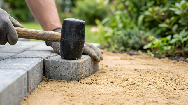 Gloved hands using a rubber mallet to install concrete pavers. Worker tapping grey block into place on a sand base