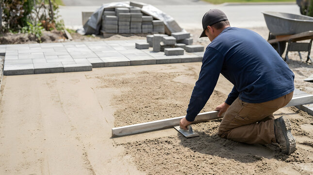 Construction worker leveling sand base with a screed board. Man preparing ground for laying concrete pavers on a driveway