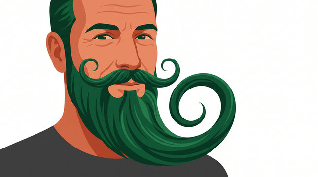 Man with a long, curly green beard and a confident expression  