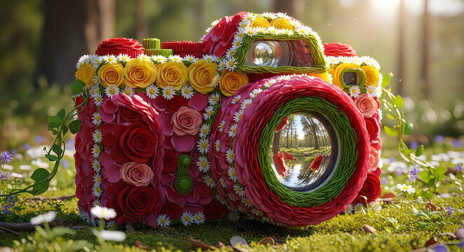 A beautiful floral camera sculpture displayed outdoors to celebrate the creative spirit of world photography day every year