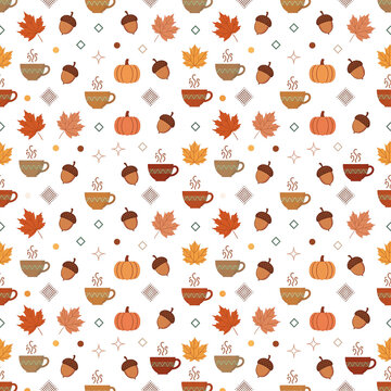Seamless autumn pattern with pumpkins, fallen leaves, acorns, and hot coffee cups on white background