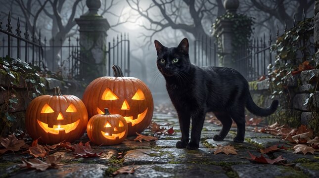 A black cat sits beside a glowing carved jack o lantern outdoors on wet ground at night