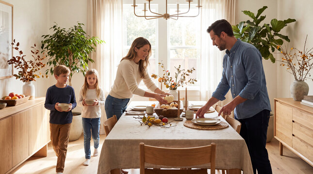 Family setting an autumn dining table in a bright modern home