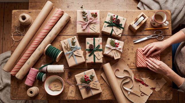 Overhead holiday gift wrapping station with kraft presents and ribbons