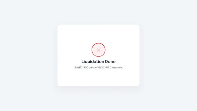 Financial Cryptocurrency App User Interface Animation showing Sell Asset Option Triggering Immediate Liquidation Done Success Popup Notification.