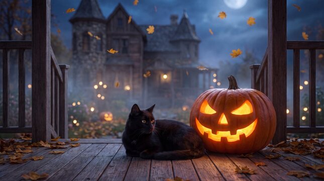 A glowing jack o lantern sits with a black cat on a porch before a haunted mansion